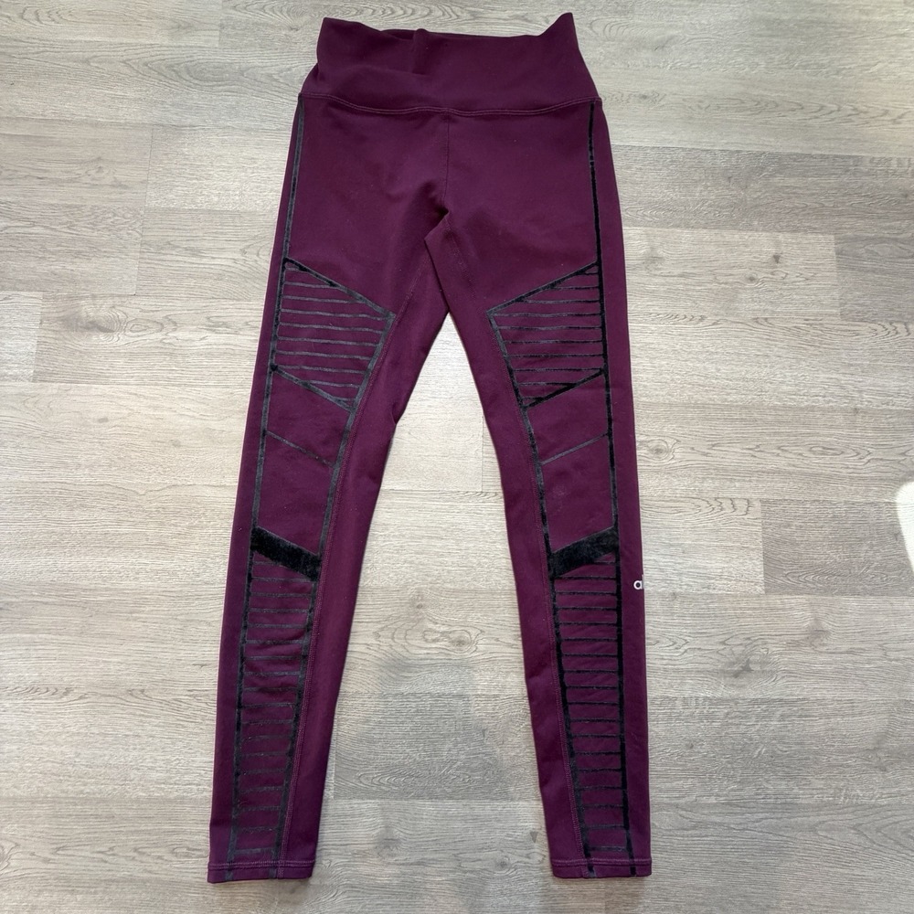 Alo Yoga High Waist Moto Leggings Womens S Plum Black Flocked Stretch Athletic